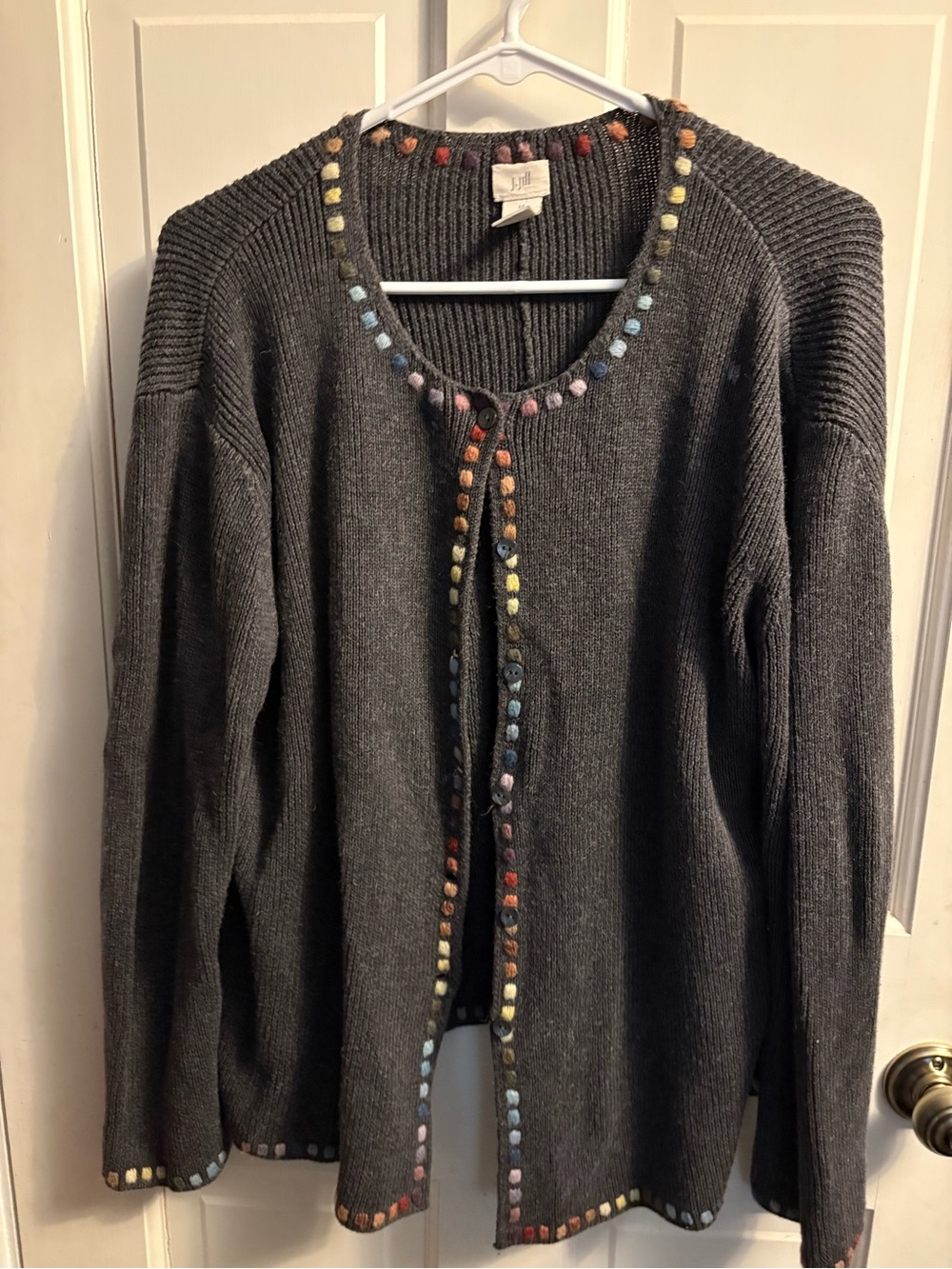 Charcoal Gray Women’s Cardigan Sweater with Multicolor Trim